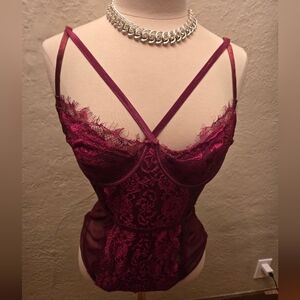 Burgundy Lace Strappy Bodysuit Lingerie Y2K Romantic Mesh Teddy (Size L)
